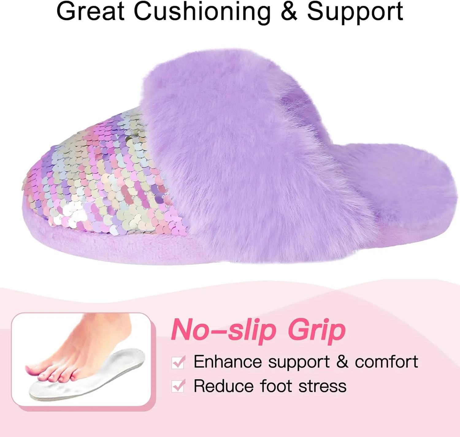 Orthoshoes Girls Sequined Fluffy Slippers, Faux Fur Memory Foam, Non-Slip Indoor House Shoes