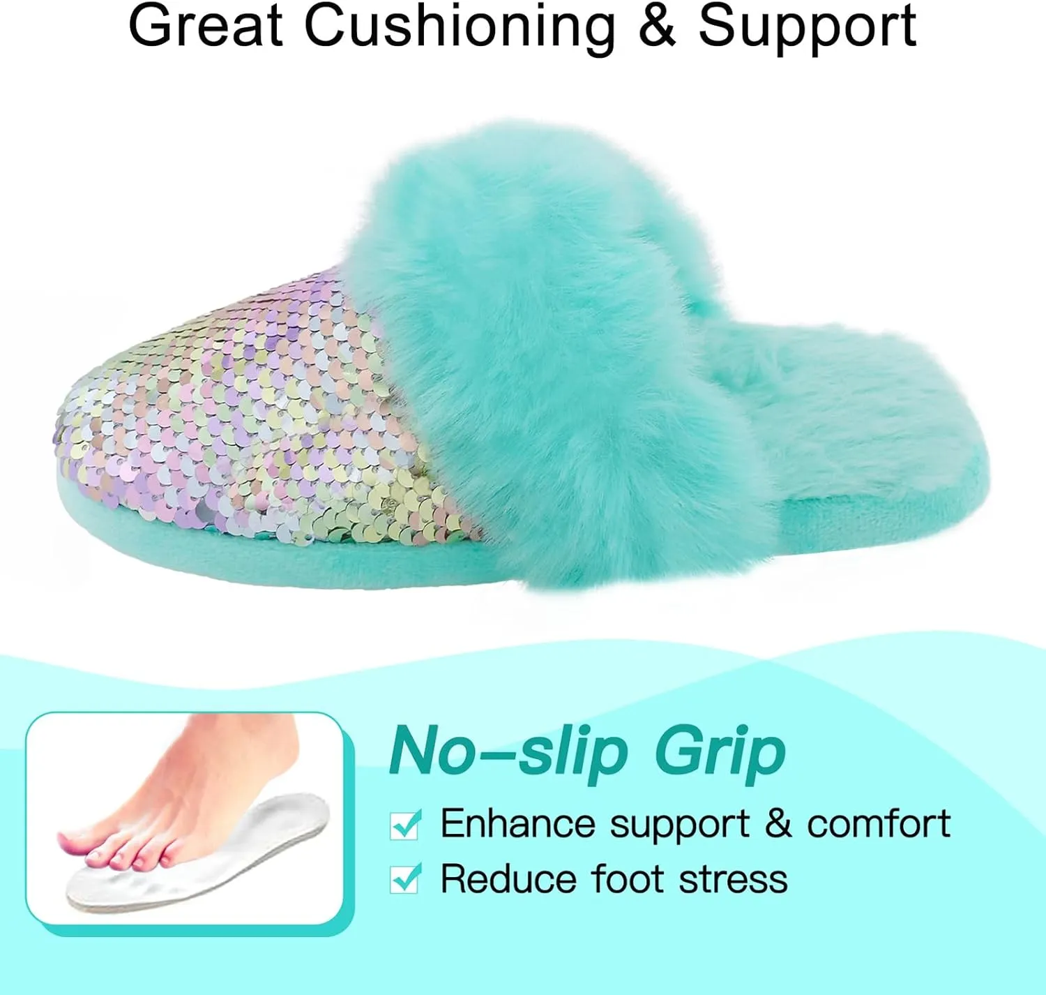 Orthoshoes Girls Sequined Fluffy Slippers, Faux Fur Memory Foam, Non-Slip Indoor House Shoes