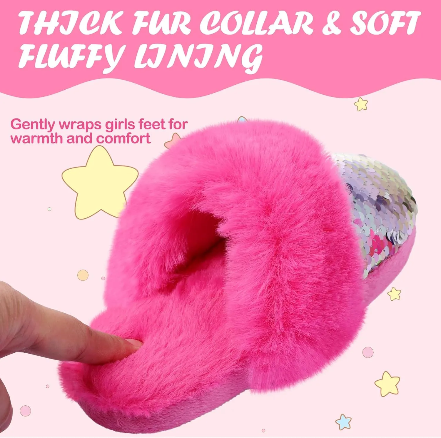 Orthoshoes Girls Sequined Fluffy Slippers, Faux Fur Memory Foam, Non-Slip Indoor House Shoes
