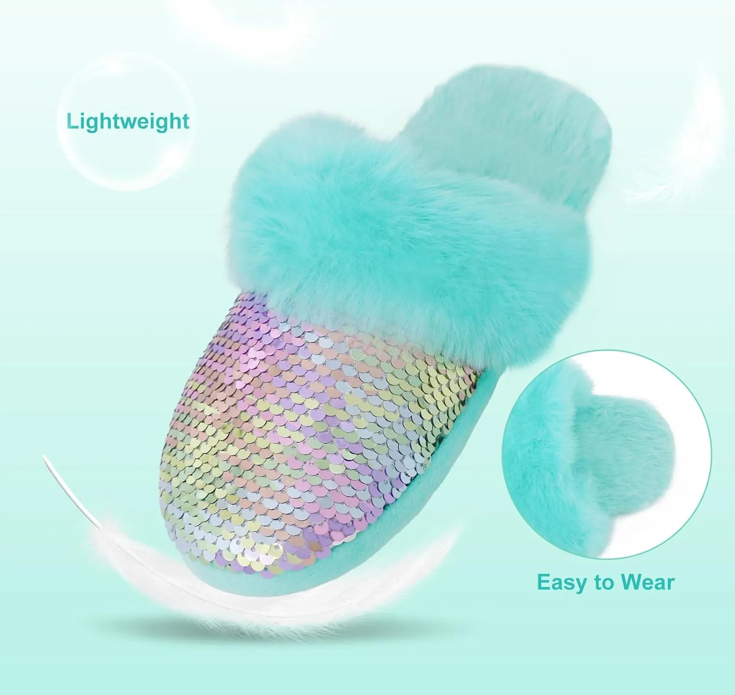 Orthoshoes Girls Sequined Fluffy Slippers, Faux Fur Memory Foam, Non-Slip Indoor House Shoes