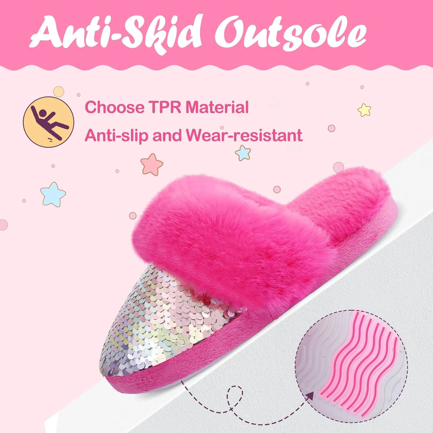 Orthoshoes Girls Sequined Fluffy Slippers, Faux Fur Memory Foam, Non-Slip Indoor House Shoes
