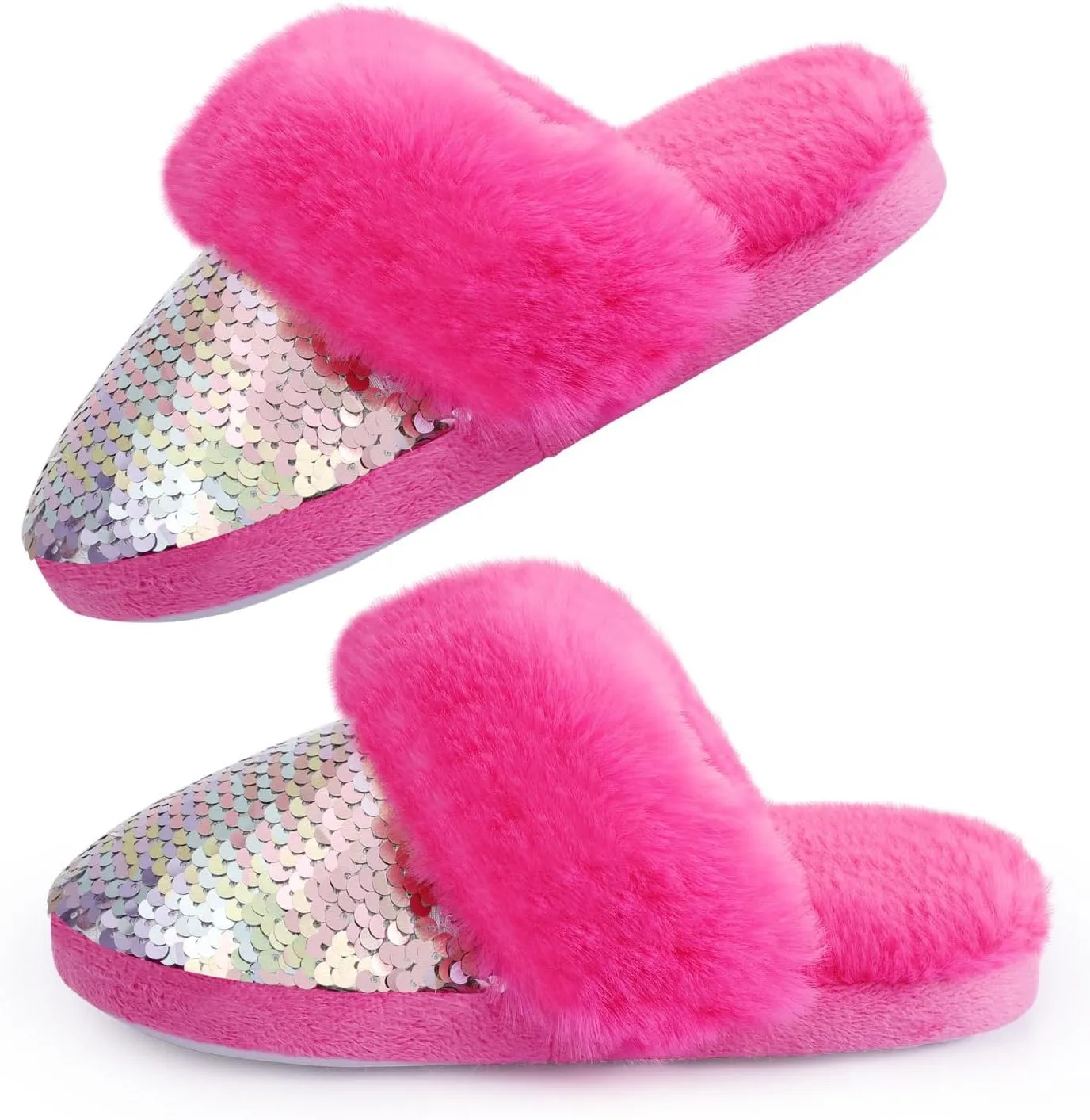 Orthoshoes Girls Sequined Fluffy Slippers, Faux Fur Memory Foam, Non-Slip Indoor House Shoes