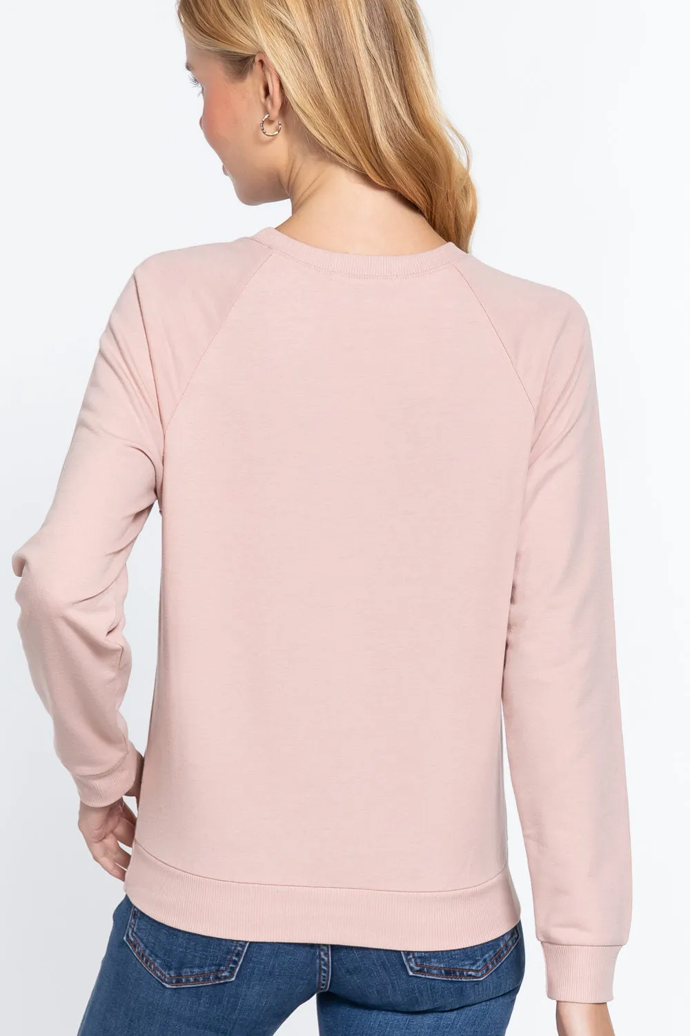 Pale Pink Sequins French Terry Crewneck Sweatshirt Pullover Top_