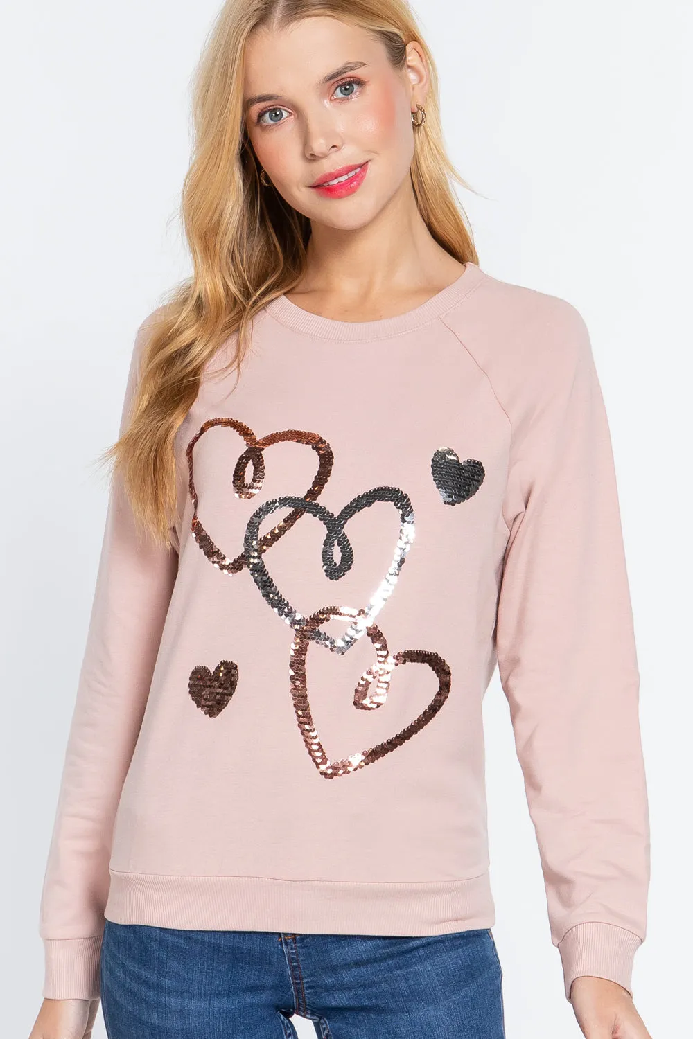 Pale Pink Sequins French Terry Crewneck Sweatshirt Pullover Top_