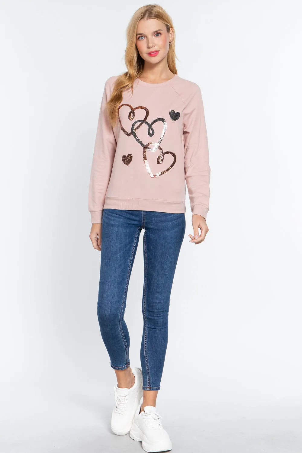 Pale Pink Sequins French Terry Crewneck Sweatshirt Pullover Top_