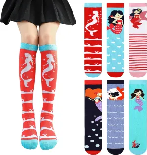 PHOGARY 6 Pairs Girls Knee High Socks, Cute Socks Colorful Cartoon Animal Warm Cotton Socks Crazy Funny Kids Odd Socks Mid Calf Long Boot Socks for 3-12 Years Girls, One Size (Mermaid)
