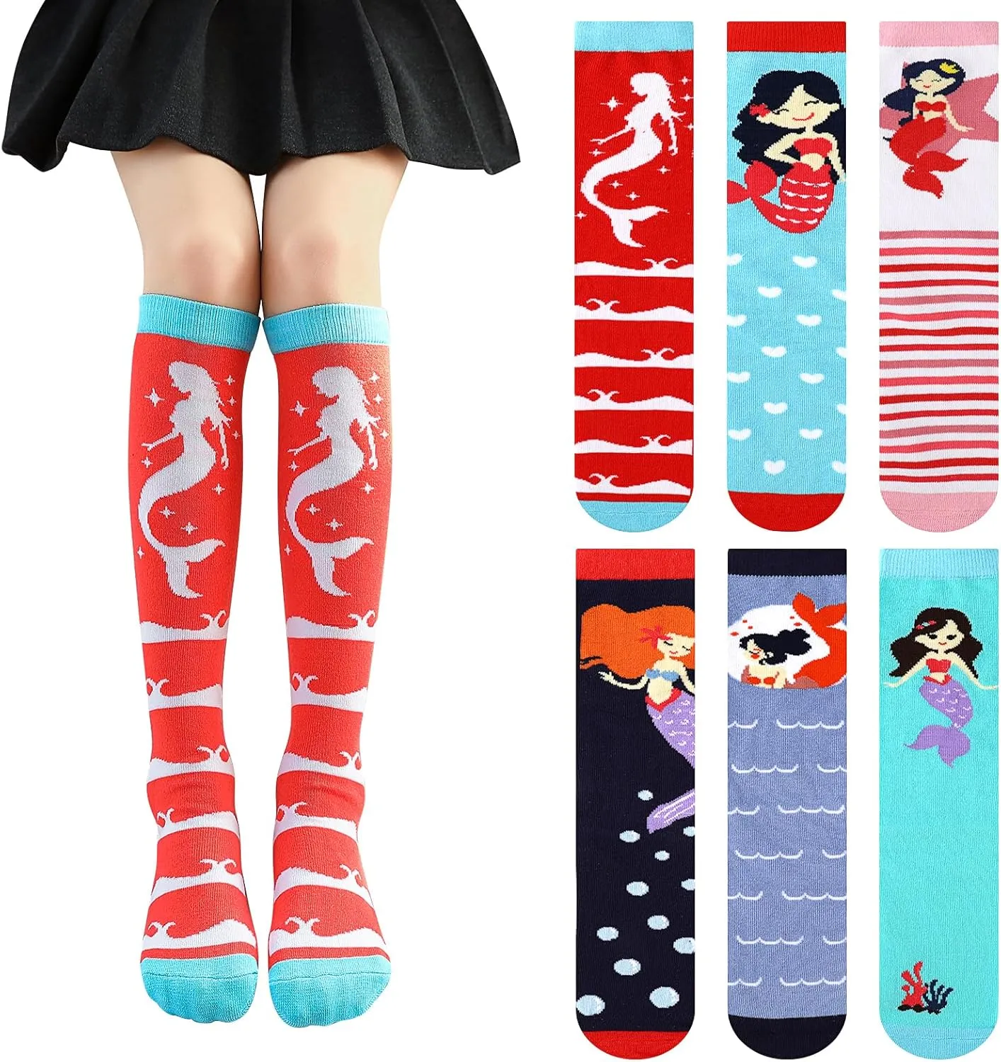 PHOGARY 6 Pairs Girls Knee High Socks, Cute Socks Colorful Cartoon Animal Warm Cotton Socks Crazy Funny Kids Odd Socks Mid Calf Long Boot Socks for 3-12 Years Girls, One Size (Mermaid)