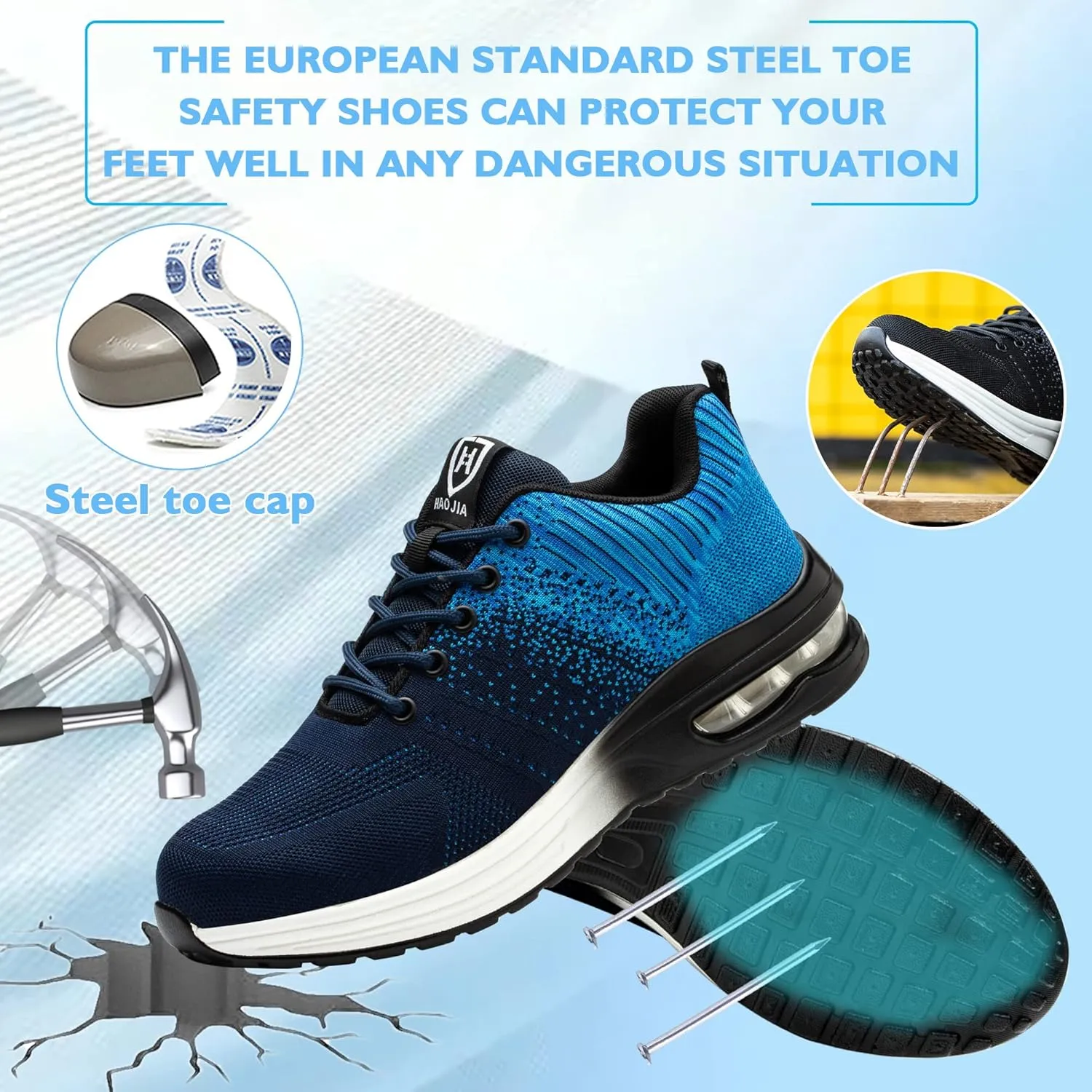 Safety Shoes Steel Toe Shoes for Men Women Breathable Safety Work Sneakers Lightweight Comfortable Proof Slip Resistant Fashion Sneakers Air Cushion Construction Industrial Shoes