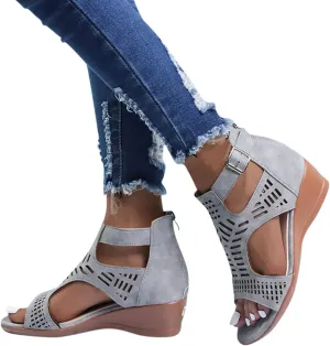 Sandals for Women 2023 Strappy Roman Sandals Low Heel Flat Buckle Zipper Retro Hollow Breathable Casual Shoes