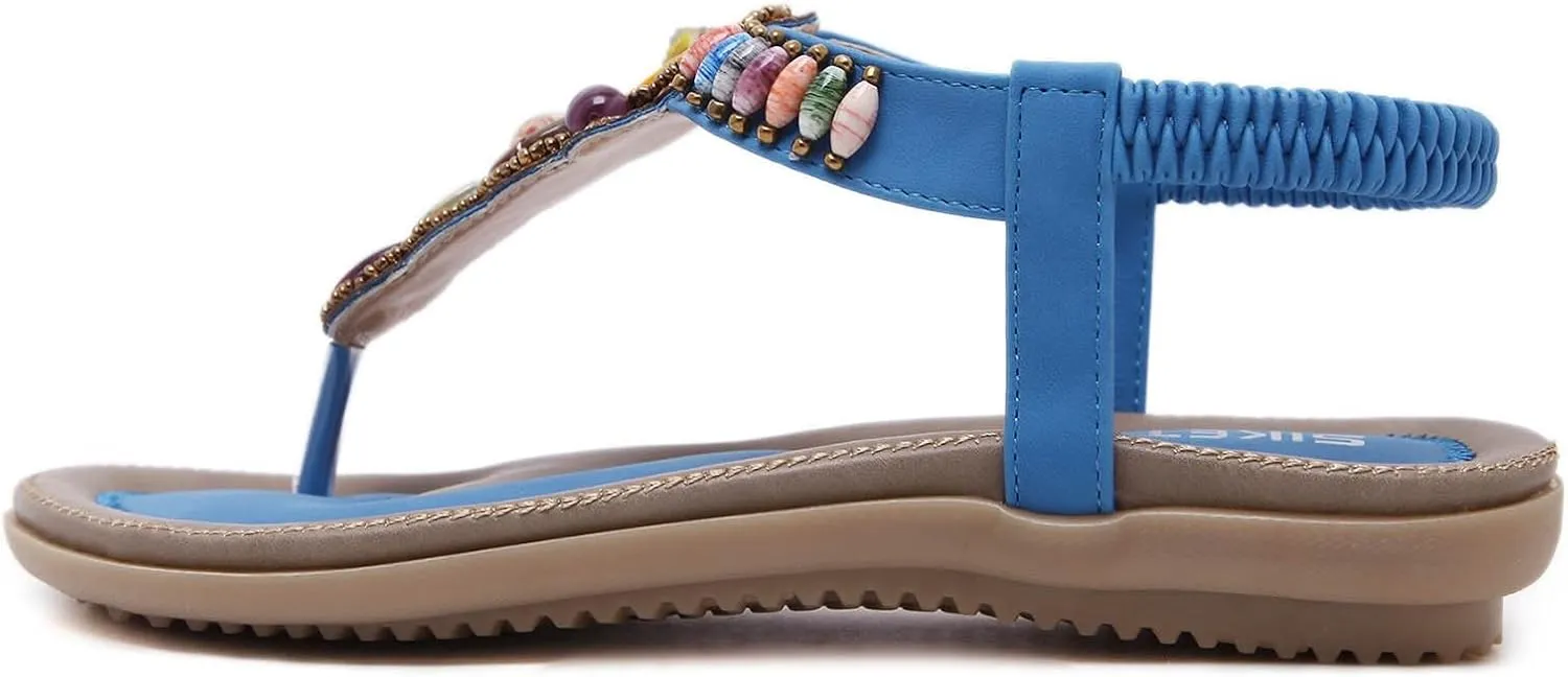 Sandals for Women T-Strap Beaded Flat Dress Sandals Bohemian Beach Thong Sandal Back Strap Clip Toe Flats Shoes