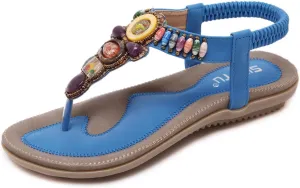 Sandals for Women T-Strap Beaded Flat Dress Sandals Bohemian Beach Thong Sandal Back Strap Clip Toe Flats Shoes