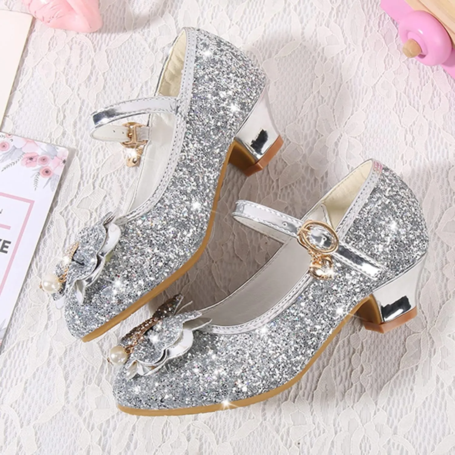 Shoes for Girls,Toddler Girl Glitter Sequins Princess Shoes Low Heels Party Dress Dance Shoes Sandals Shoes 4-8 Years