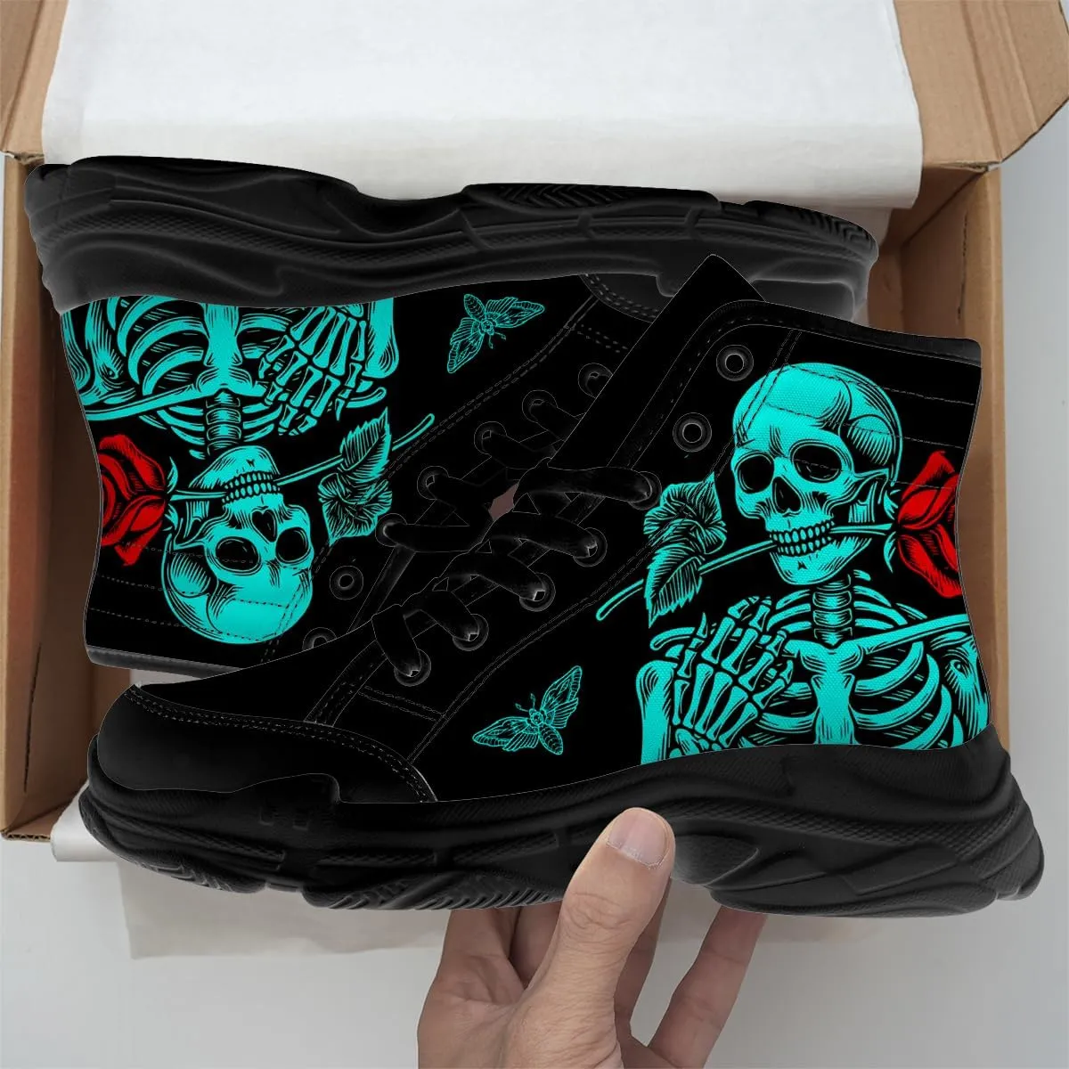 Skull Shoes for Men Women High Top Sneakers Rose Canvas Shoes Gifts for Her Him