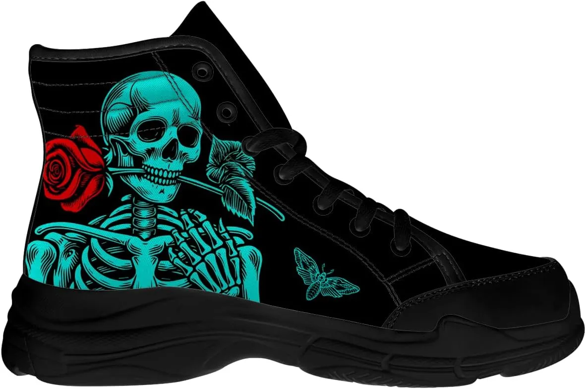 Skull Shoes for Men Women High Top Sneakers Rose Canvas Shoes Gifts for Her Him