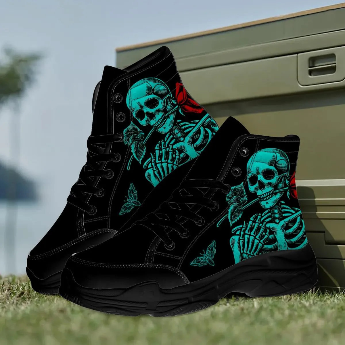 Skull Shoes for Men Women High Top Sneakers Rose Canvas Shoes Gifts for Her Him