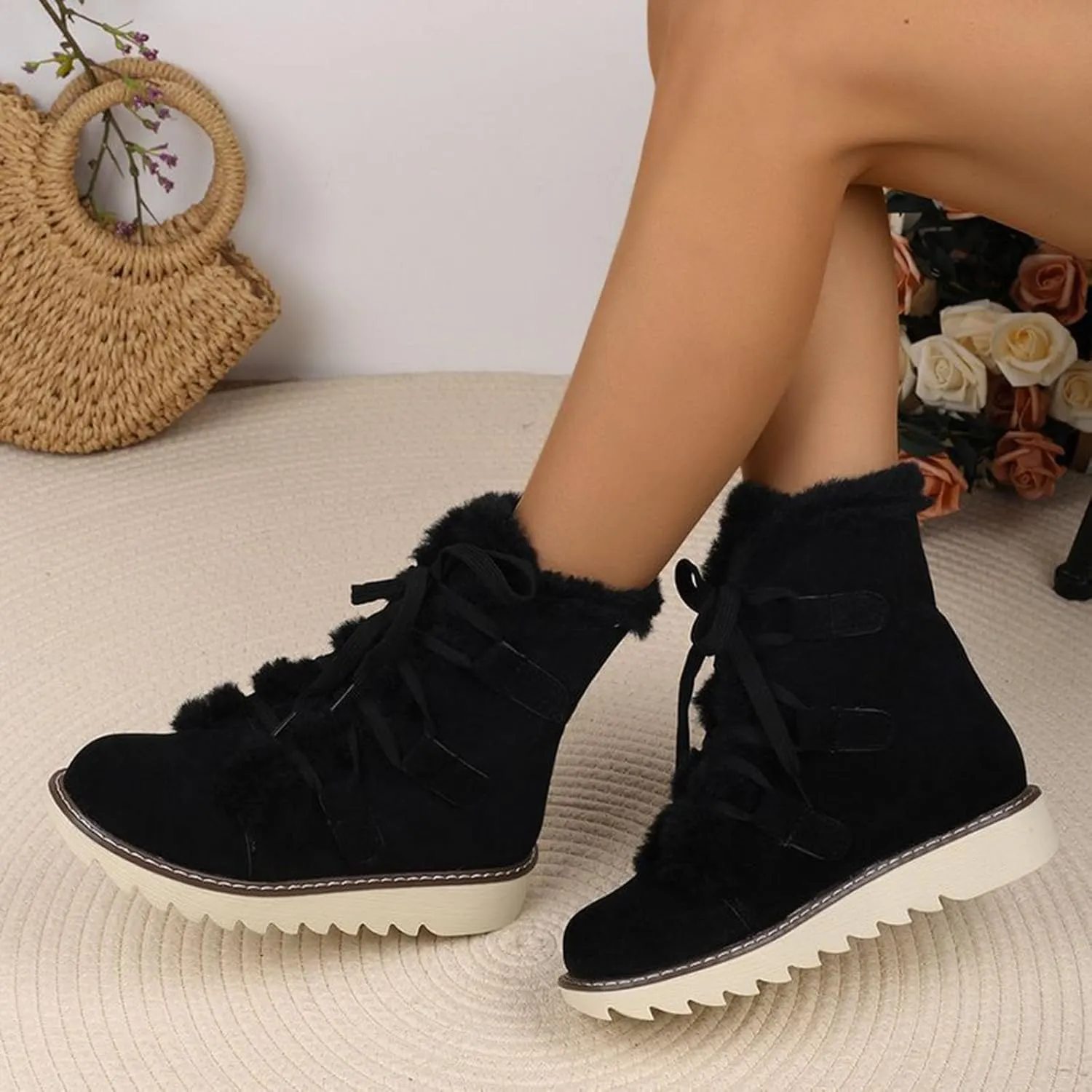 Snow Boots for Women Fur Lined Winter Warm Cotton Shoes Ankle Booties Lace up Flat Anti-Slip Mid Calf Knight Boots
