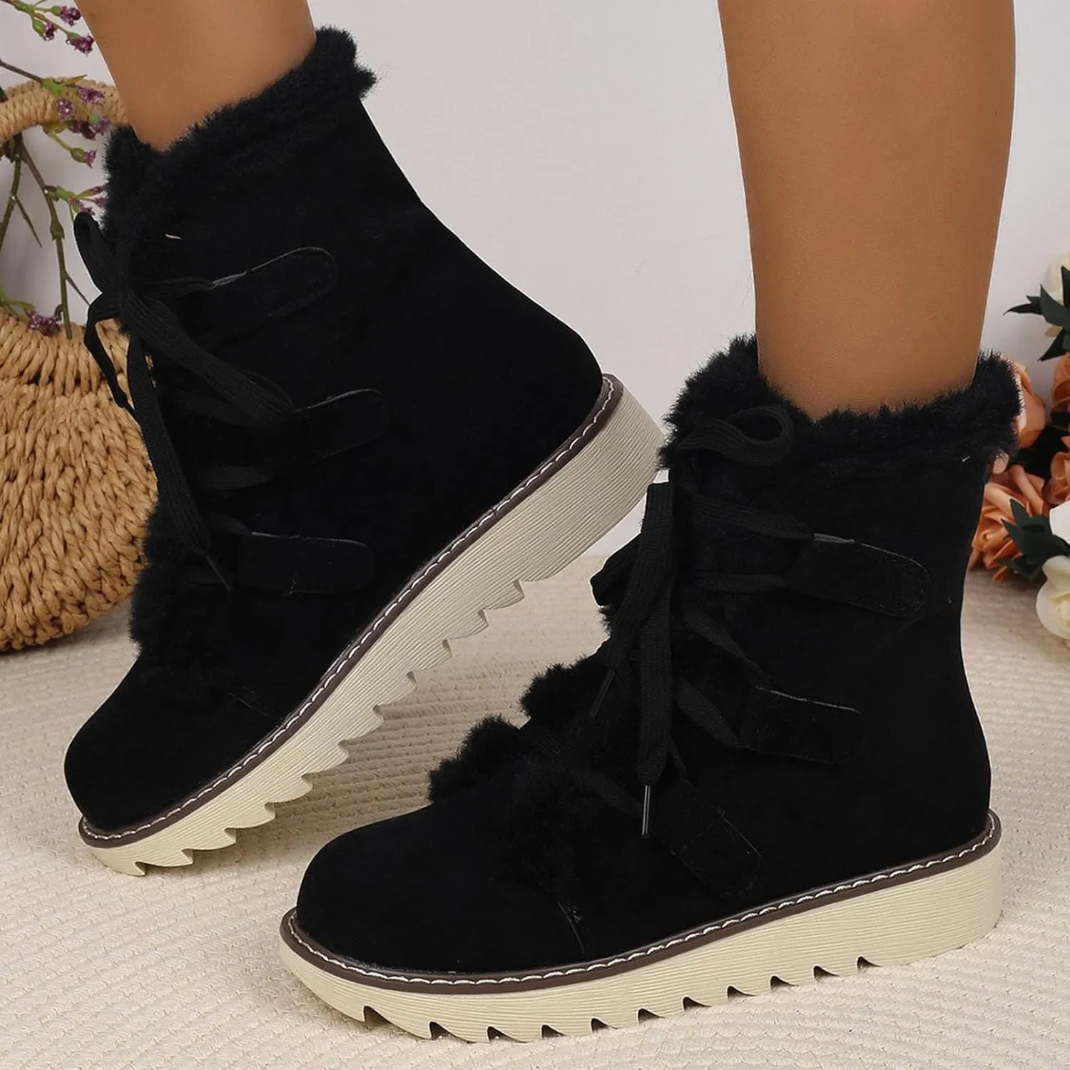 Snow Boots for Women Fur Lined Winter Warm Cotton Shoes Ankle Booties Lace up Flat Anti-Slip Mid Calf Knight Boots
