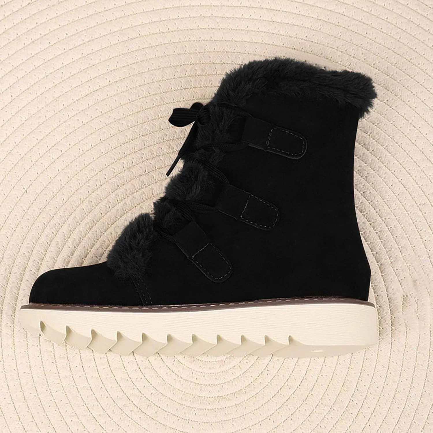 Snow Boots for Women Fur Lined Winter Warm Cotton Shoes Ankle Booties Lace up Flat Anti-Slip Mid Calf Knight Boots