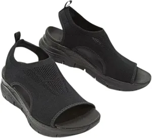 Summer Washable Slingback Orthopedic Slide Sport Sandals Comfy Knit Thick Bottom Fish Mouth Casual Sandals Mesh Soft Sole Casual Women's Shoes,Black,US4.5/EU35