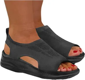 Summer Washable Slingback Orthopedic Slide Sport Sandals, Thick Bottom Fish Mouth Comfy Sports Knit Sandals, Mesh Soft Sole Beach Casual Women Shoes,Black,US9/EU41