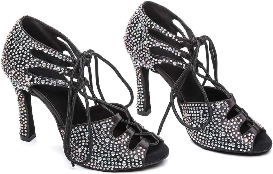 SWDZM Women's Latin Dance Shoes Open-Toe Lace-up Rhinestone Salsa Tango Ballroom Professional Practice Performance Dance Shoes Model-YCL387