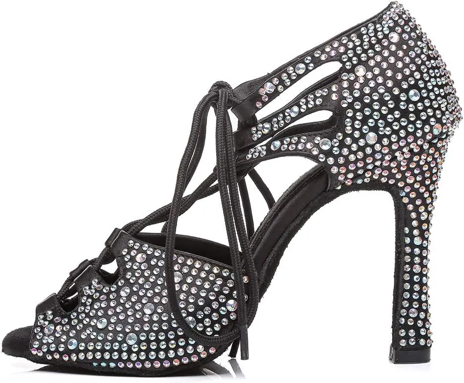 SWDZM Women's Latin Dance Shoes Open-Toe Lace-up Rhinestone Salsa Tango Ballroom Professional Practice Performance Dance Shoes Model-YCL387
