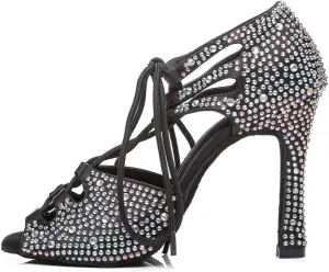SWDZM Women's Latin Dance Shoes Open-Toe Lace-up Rhinestone Salsa Tango Ballroom Professional Practice Performance Dance Shoes Model-YCL387