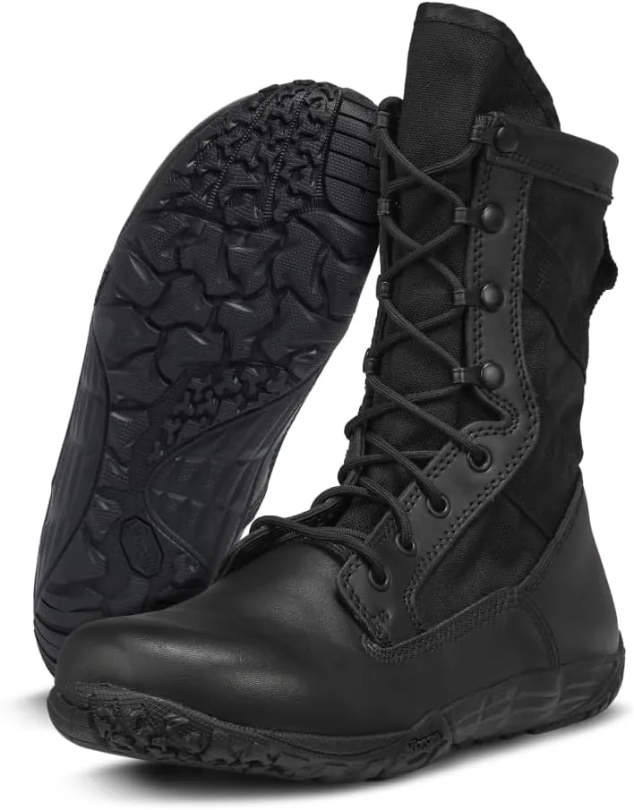 TACTICAL RESEARCH TR Mini-Mil TR102 8" Minimalist Tactical Boots for Men - Lightweight and Breathable Black Leather with Slip-Resistant Vibram Outsole