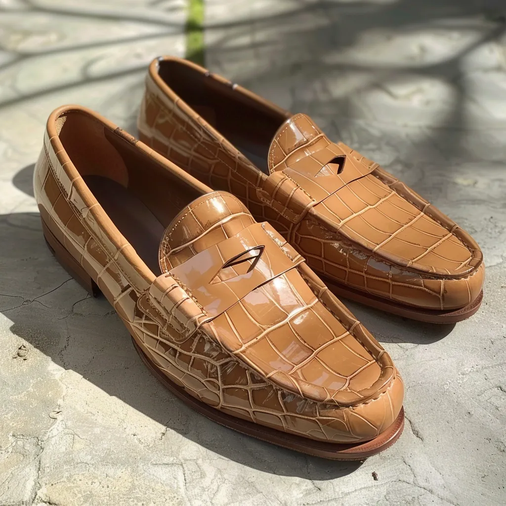 Tan Croc Print Leather Edilio Loafers