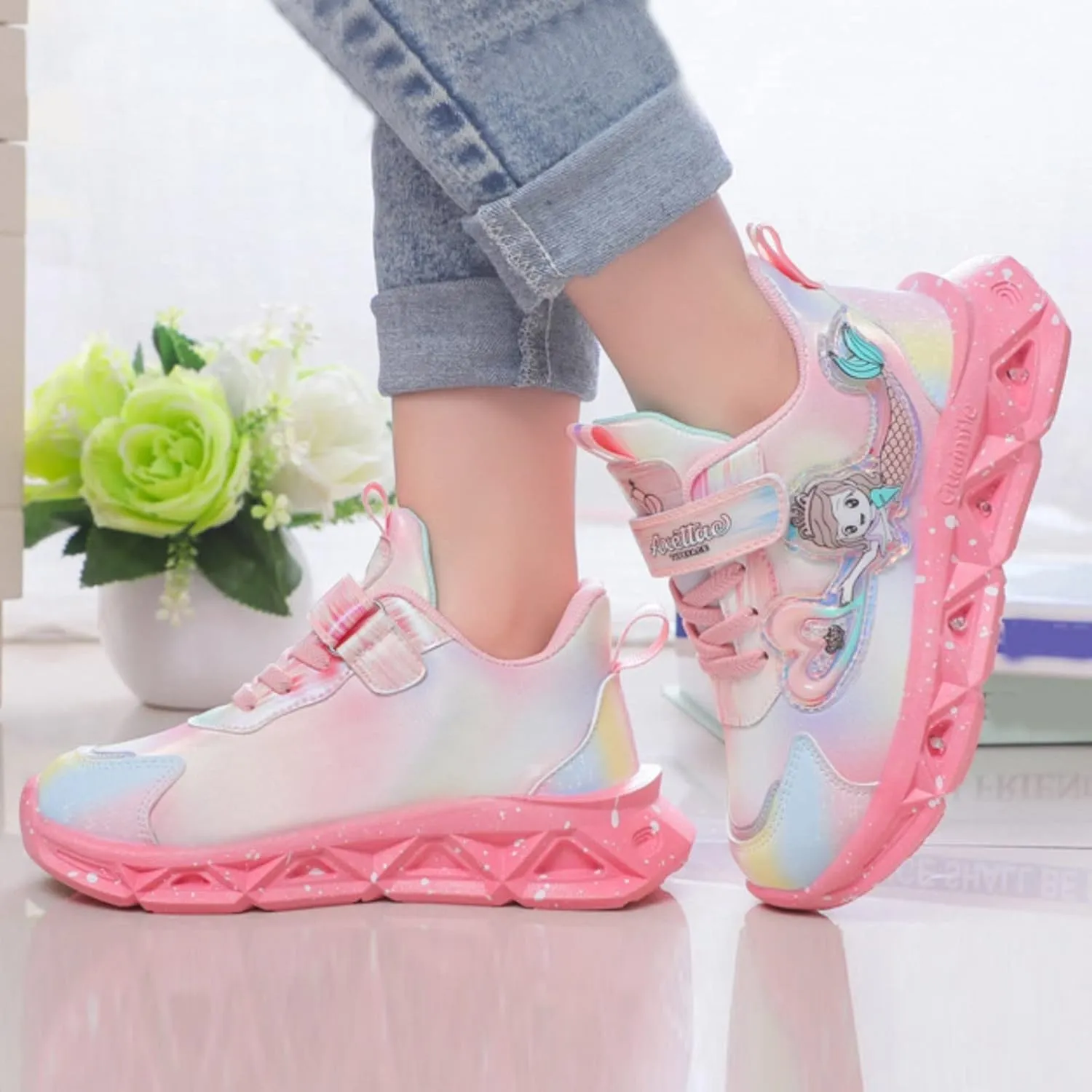 Toddler Girl Sneakers Girls?? Princess Shoes Slip On Light Up Shoes Mermai?? Shoes Breathable Mesh Sneakers Lightweight