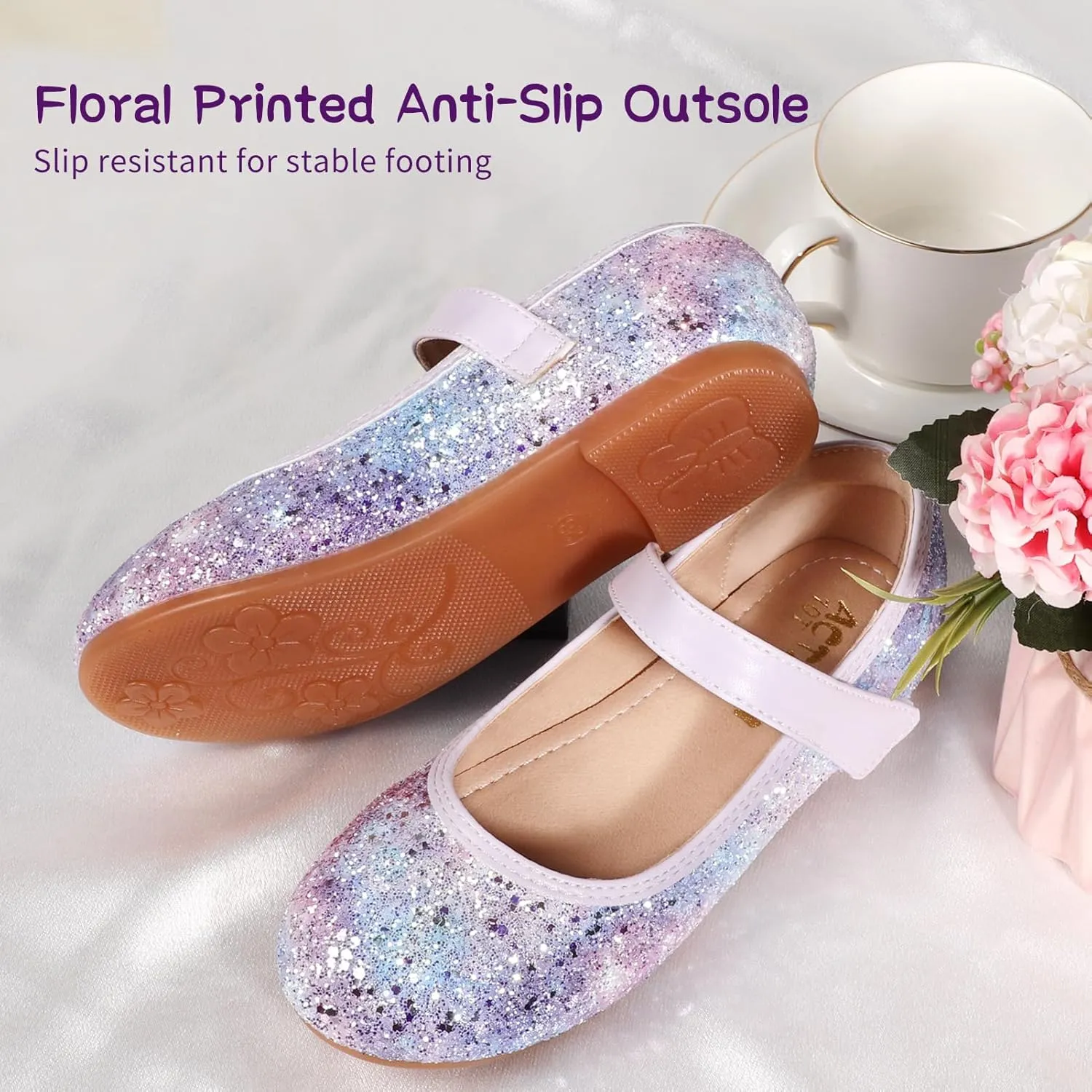 Toddler Girls Mermaid Dress Shoes Glitter Ballet Flats Non-Slip Soft Mary Jane Flower Girl Princess Shoes for School Party Wedding
