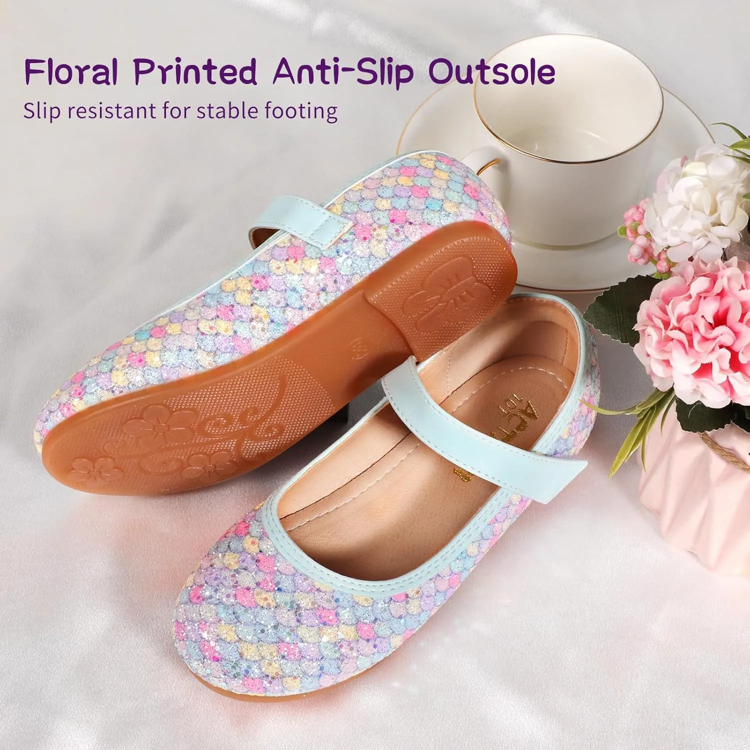 Toddler Girls Mermaid Dress Shoes Glitter Ballet Flats Non-Slip Soft Mary Jane Flower Girl Princess Shoes for School Party Wedding