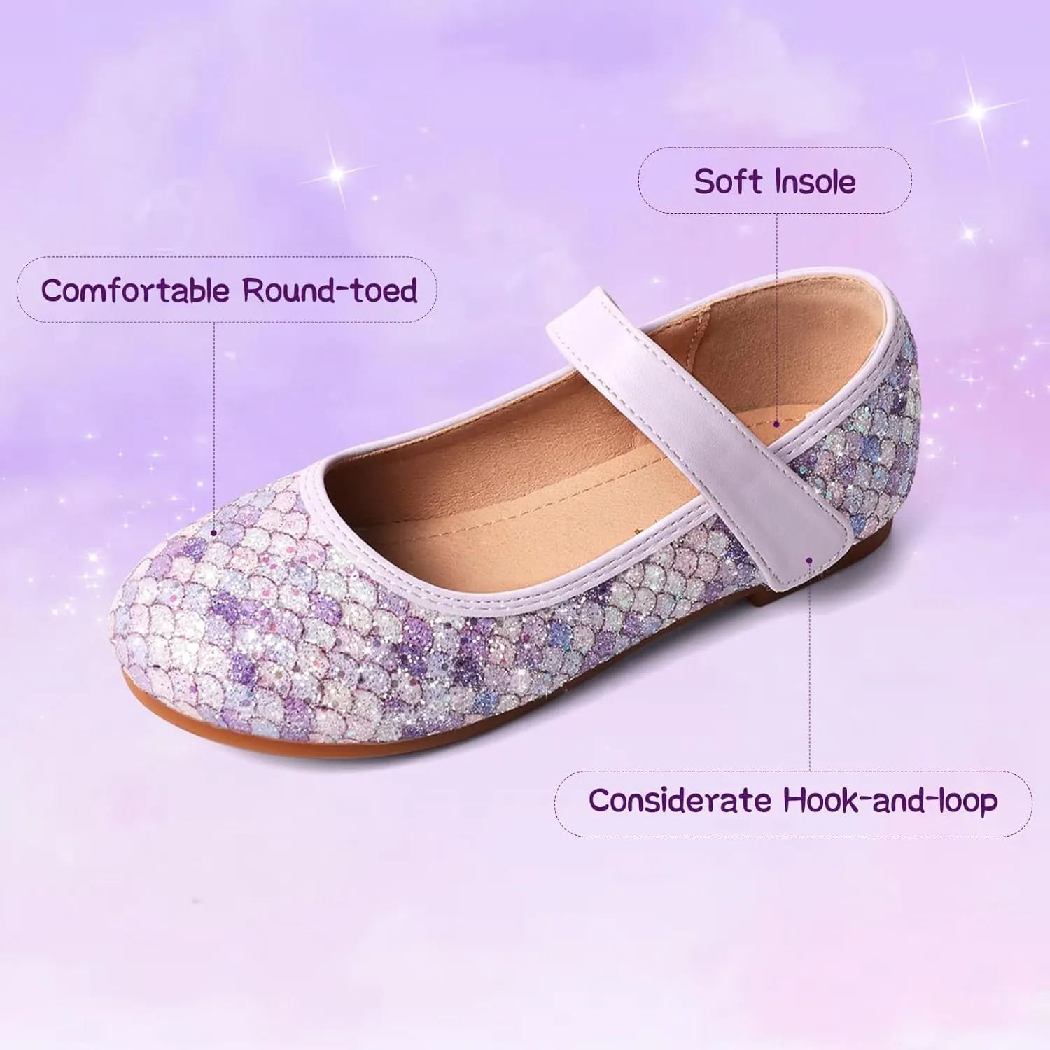 Toddler Girls Mermaid Dress Shoes Glitter Ballet Flats Non-Slip Soft Mary Jane Flower Girl Princess Shoes for School Party Wedding