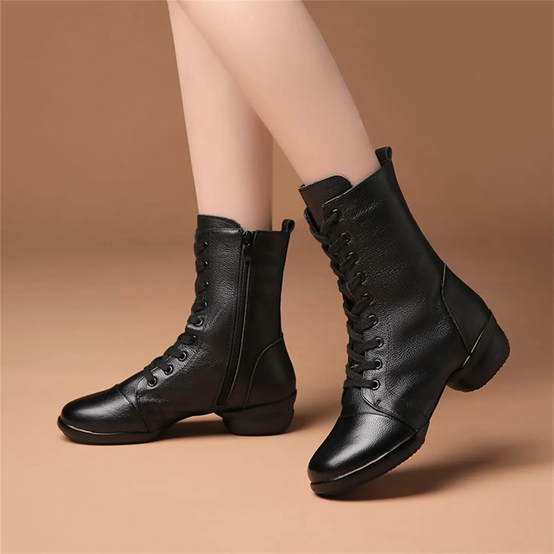 VEACAM Dancing Shoes for Women Leather Ballroom Dance Shoes Lace-Up Fashion Dance Shoes Ladies Dance Boots