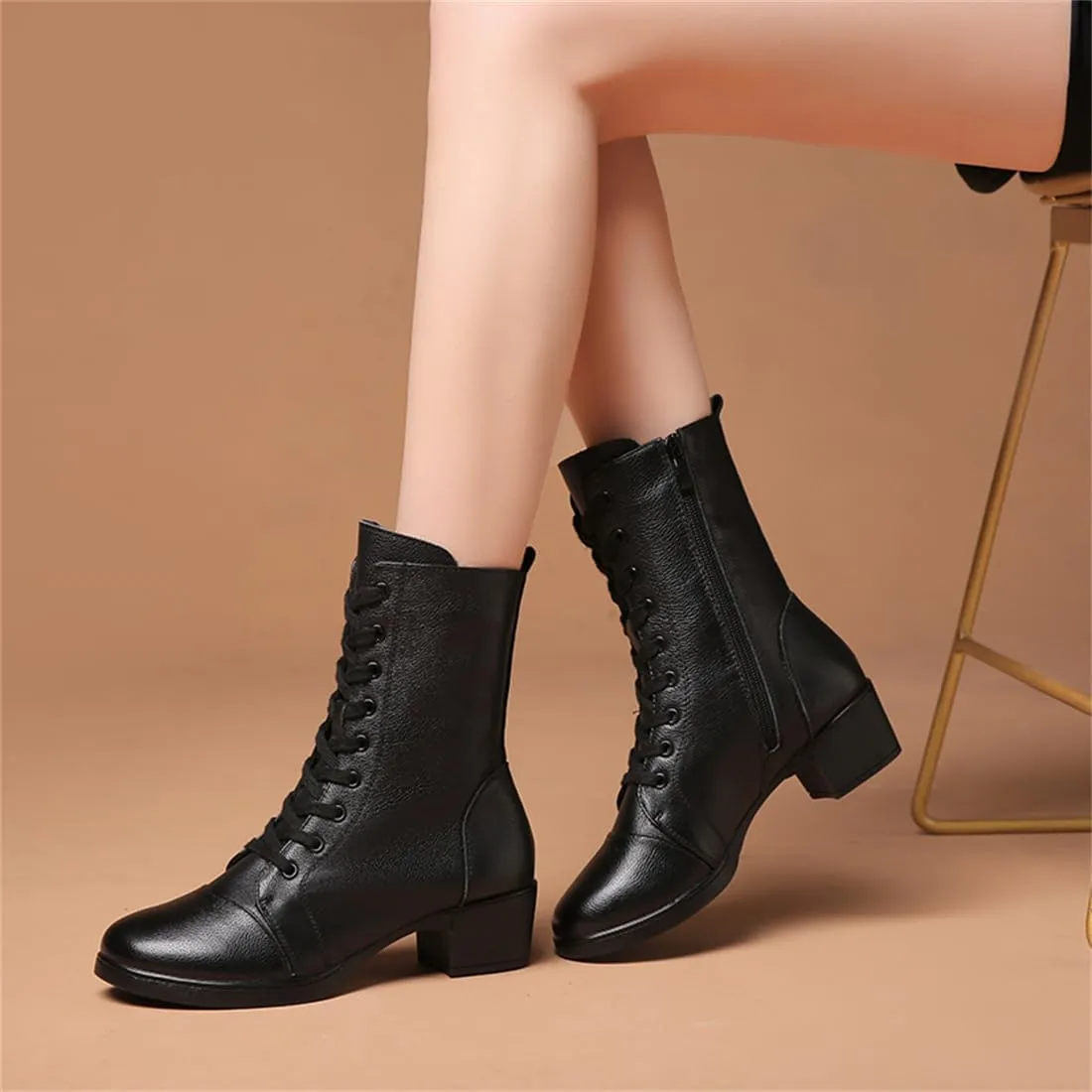 VEACAM Dancing Shoes for Women Leather Ballroom Dance Shoes Lace-Up Fashion Dance Shoes Ladies Dance Boots