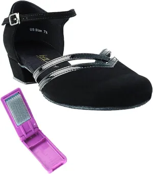 Very Fine Ballroom Latin Tango Salsa Dance Shoes for Women - 8881-1 inch Heel   Foldable Shoe Brush Bundle - Black Nubuck - 5