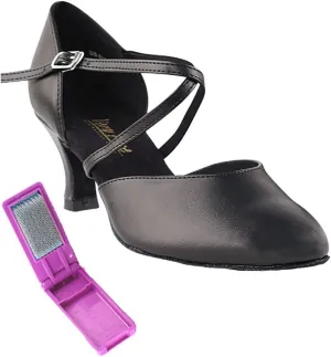 Very Fine Dance Shoes - Ladies Latin, Rhythm, Salsa, Waltz, Wedding Dance Shoes - 9691-2.5-inch Heel and Foldable Brush Bundle - Black Leather - 7