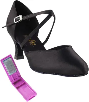 Very Fine Dance Shoes - Ladies Latin, Rhythm, Salsa, Waltz, Wedding Dance Shoes - 9691-2.5-inch Heel and Foldable Brush Bundle - Black Satin - 8
