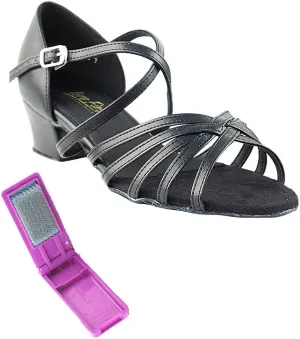 Very Fine Dance Shoes - Ladies Practice, Cuban Low Heel, Waltz Ballroom Dance Shoes - 1670C - 1.5-inch Heel and Foldable Brush Bundle - Black Leather - 10