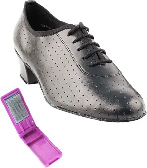 Very Fine Dance Shoes - Ladies Practice, Cuban Low Heel, Waltz Ballroom Dance Shoes - 2001-1.5-inch Heel and Foldable Brush Bundle - Black Perforated Leather - 6.5