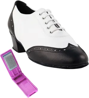 Very Fine Dance Shoes - Ladies Practice, Cuban Low Heel, Waltz Ballroom Dance Shoes - 2008-1.5-inch Heel and Foldable Brush Bundle - Black Leather - White Leather - 5.5