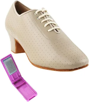 Very Fine Dance Shoes - Ladies Practice, Cuban Low Heel, Waltz Ballroom Dance Shoes - C2001-1.6-inch Heel and Foldable Brush Bundle - Beige Leather - 10