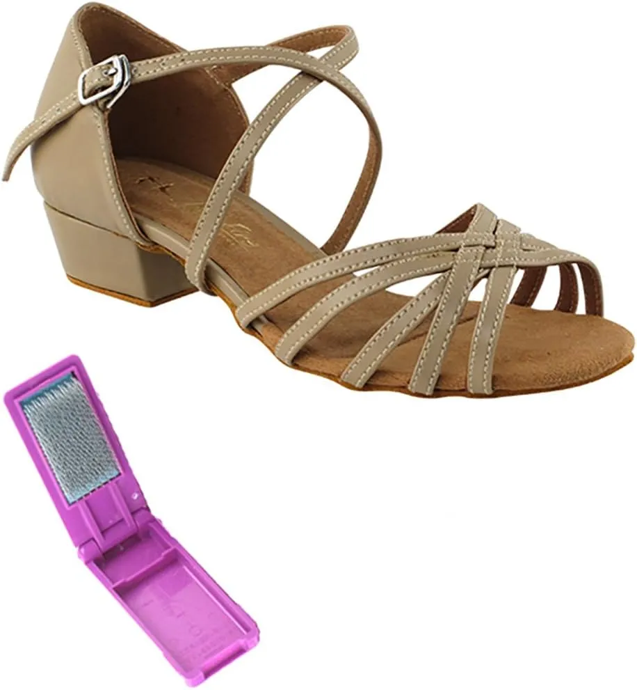Very Fine Dance Shoes - Ladies Practice, Cuban Low Heel, Waltz, Wedding Dance Shoes - 1670FT - 1-inch Heel and Foldable Brush Bundle - Tan PU - 8.5