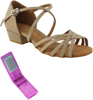 Very Fine Dance Shoes - Ladies Practice, Cuban Low Heel, Waltz, Wedding Dance Shoes - 1670FT - 1-inch Heel and Foldable Brush Bundle - Tan PU - 8.5