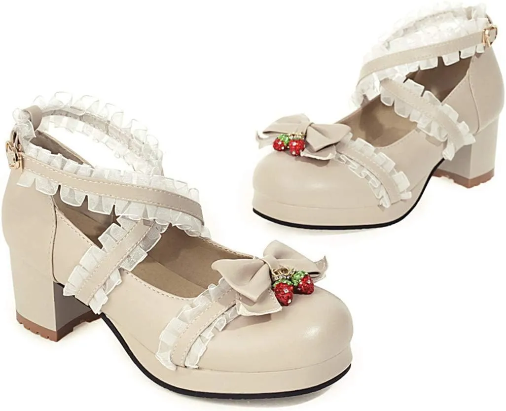 VOKLIN Women's Girls Lolita Mary Jane Shoes Sweet Bow Cross Ankle Strap Mid Heel Cosplay Oxford Dress Pumps