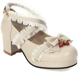 VOKLIN Women's Girls Lolita Mary Jane Shoes Sweet Bow Cross Ankle Strap Mid Heel Cosplay Oxford Dress Pumps