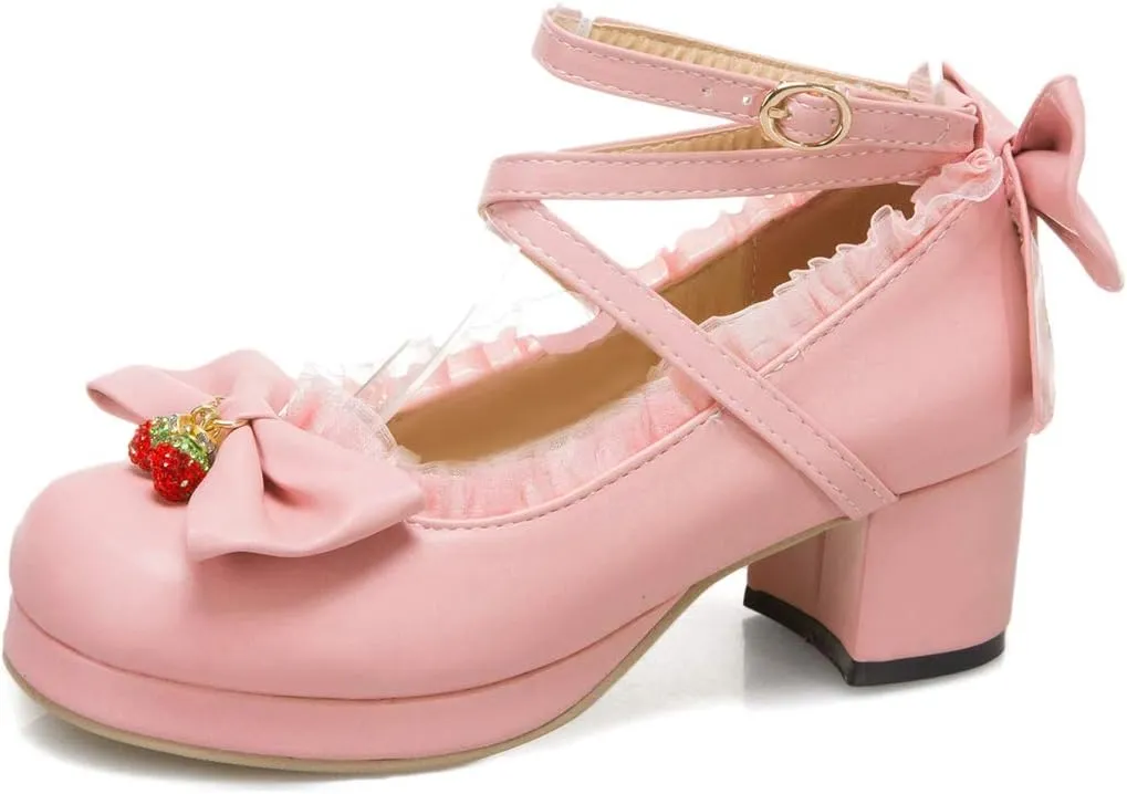 VOKLIN Women's Girls Lolita Mary Jane Shoes Sweet Bow Cross Ankle Strap Platform Mid Heel Oxford Dress Pumps