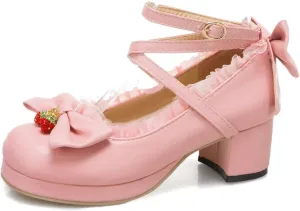 VOKLIN Women's Girls Lolita Mary Jane Shoes Sweet Bow Cross Ankle Strap Platform Mid Heel Oxford Dress Pumps