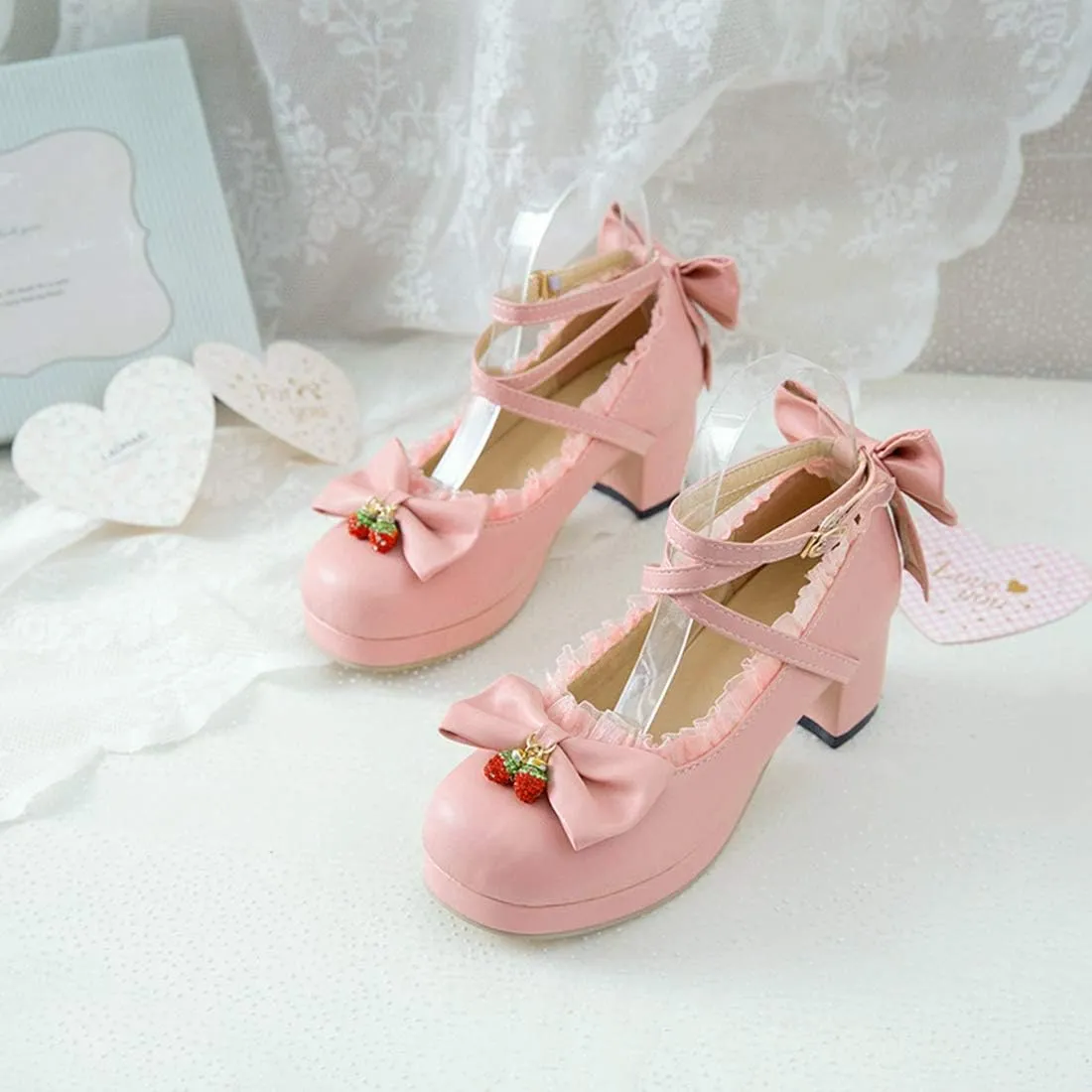 VOKLIN Women's Girls Lolita Mary Jane Shoes Sweet Bow Cross Ankle Strap Platform Mid Heel Oxford Dress Pumps