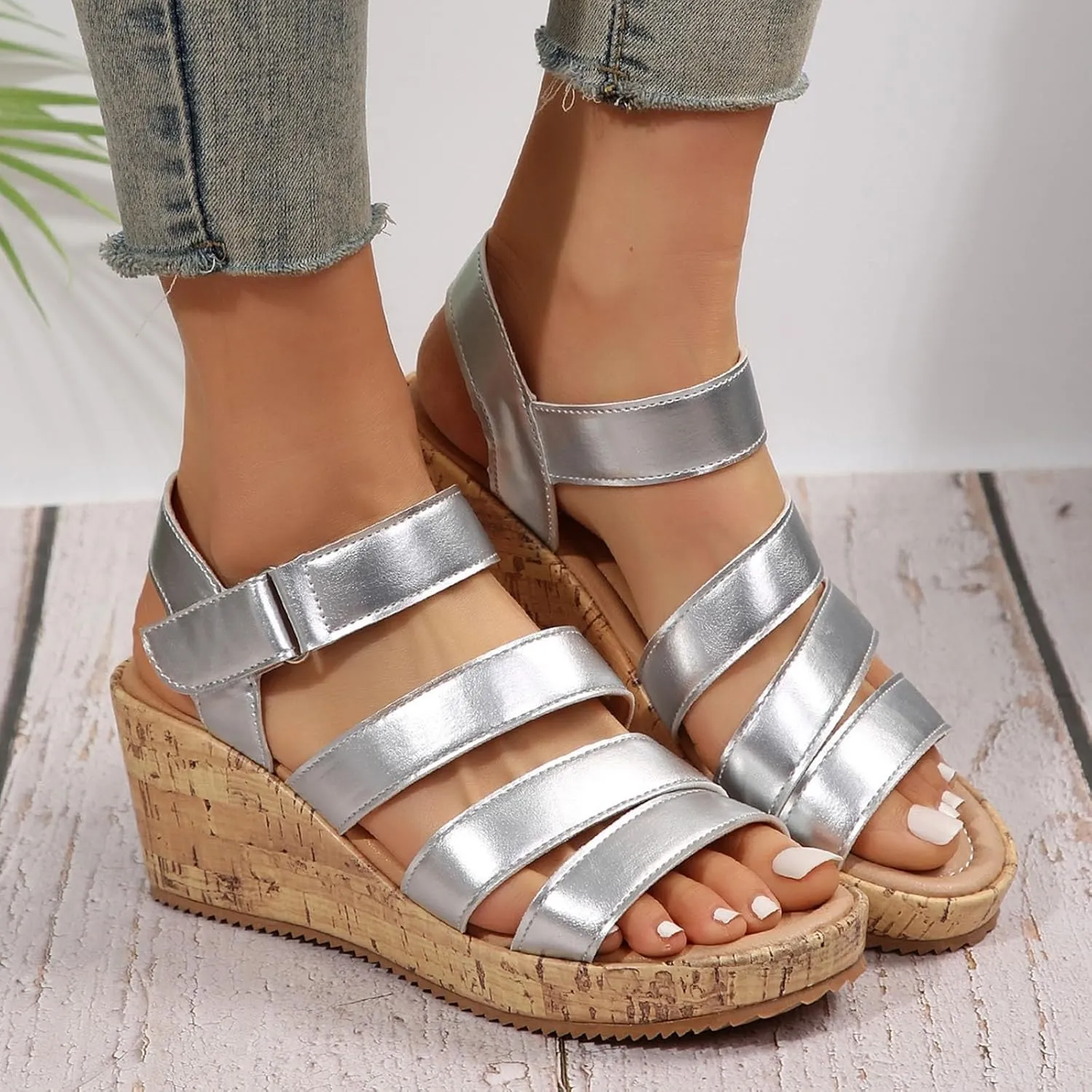 Wedge Sandals for Women High Heel Wedged Sandals Leather Cork Strappy Sandal Wide Width Open Toe Walking Shoes Slip-On Arch Support Shoes 2025